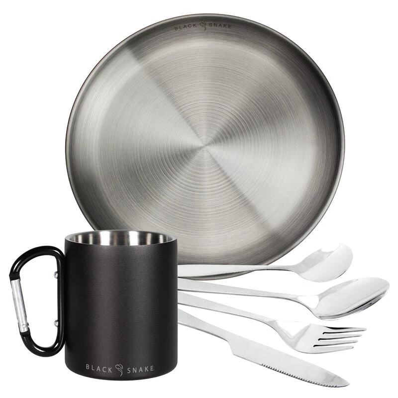 Camping Tasse Isotherme Mousqueton, Assiette Plate Et Couverts Set | Acier Inox 1 Camping Tasse Isotherme Mousqueton, Assiette Plate Et Couverts Set | Acier Inox